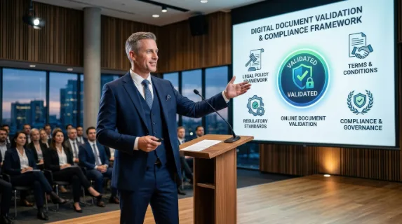 A businessman presenting an online document validation icon with legal policy graphics, terms-and-conditions visuals and regulation symbols, sharp corporate setting, trustworthy governance mood,