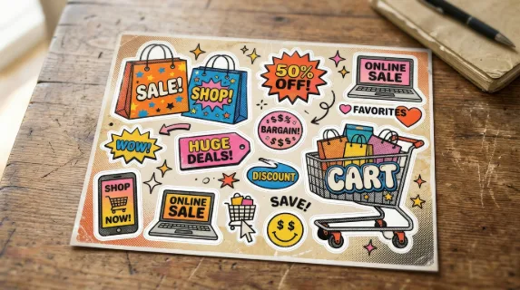 A sale-themed cutout sticker set with shopping bags, discount tags, carts and playful online retail symbols, vintage halftone dots, Y2K doodles, bold retro grunge excitement, ultra-realistic, no