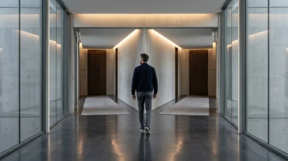 A man walking on a path that splits toward different doors ahead, minimalist corridor, balanced lighting, symbol of choice crossroads decision and future opportunity, reflective modern atmosphere,