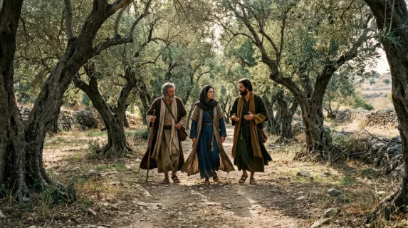 Men and a woman walking together in an olive grove, ancient robes brushing the path, dappled light through twisted branches and quiet conversation, contemplative biblical mood, ultra-realistic, no