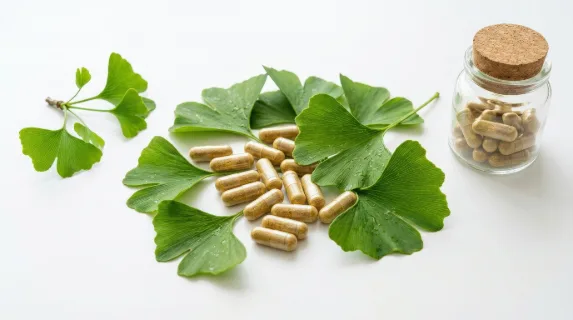 Natural herbal capsules with fresh green ginkgo biloba leaves on a white background, clean plant-based wellness scene with organic medicinal clarity, ultra-realistic, no logos.