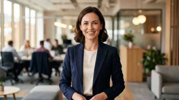 A portrait of a happy businesswoman smiling at the camera, confident gaze, neat professional clothing and subtle makeup, blurred office background with soft neutral colors, flattering natural light