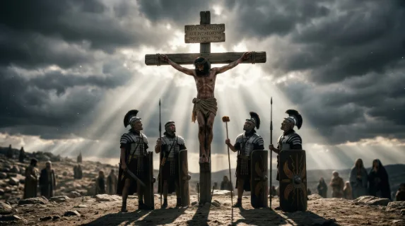 Roman soldiers standing before Jesus on the cross, harsh light breaking through dark clouds, spears and helmets silhouetted beneath the crucifixion, solemn historical reverence and sacred gravity,