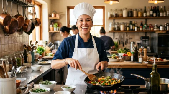 A joyful chef in a crisp hat and apron holding a frying pan and wooden spoon, bright kitchen-inspired setting with warm light, lively welcoming atmosphere, ultra-realistic, no logos.