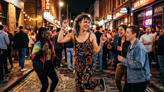 A happy non-binary person dancing amid friends in the city, vibrant street scene, joyful movement, modern style and inclusive nightlife energy, ultra-realistic, no logos.