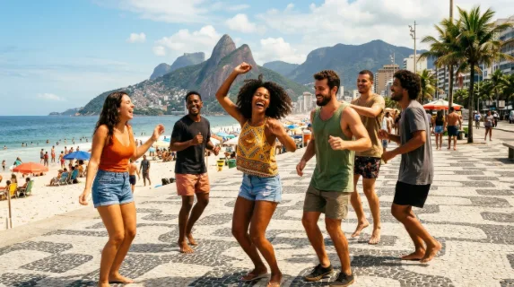 Friends dancing and enjoying a sunny summer day outdoors in Rio de Janeiro, energetic movement, warm tones, lively urban backdrop, ultra-realistic, no logos.