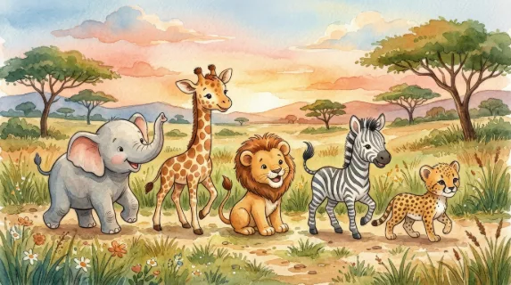 Cute safari animals in a watercolor hand-drawn style, African wildlife characters with soft textures and warm earthy tones, playful storybook atmosphere, ultra-realistic, no logos.