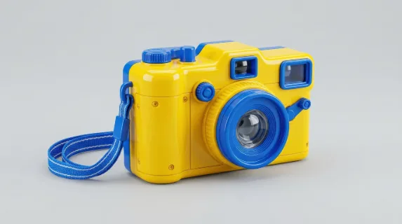A bright yellow and blue toy camera on a plain background, glossy plastic details and playful color contrast, clean cheerful studio lighting, ultra-realistic, no logos.