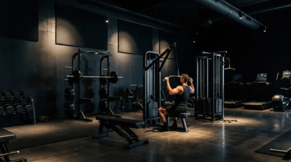 A modern gym interior with sport and fitness equipment against a black wall, dramatic contrast, sleek machines and strong focused lighting, ultra-realistic, no logos.