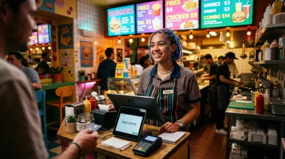 A colorful cashier standing inside a corner fast-food interior, bright menu lights, compact counter details and playful everyday service atmosphere, ultra-realistic, no logos.
