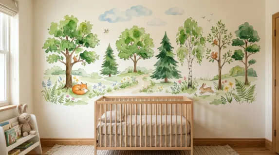 A watercolor set of green trees, charming hand-painted nature elements for a child room mural, soft playful landscape mood, ultra-realistic, no logos.