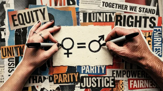 Female and male hands drawing an equal sign beside a gender symbol, halftone cutout collage style, theme of rights equity unity and parity in an empowering modern mood, ultra-realistic, no logos.