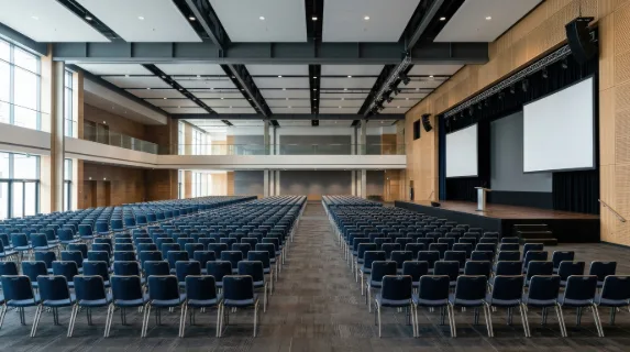 A large conference hall without people, spacious interior, rows of chairs, stage and projection area, clean modern architecture under balanced ambient light, ultra-realistic, no logos.