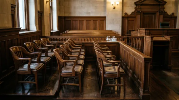 Empty chairs in a courtroom jury box, polished wood, balanced symmetry, warm institutional light, quiet tension in a formal justice setting, ultra-realistic, no logos.