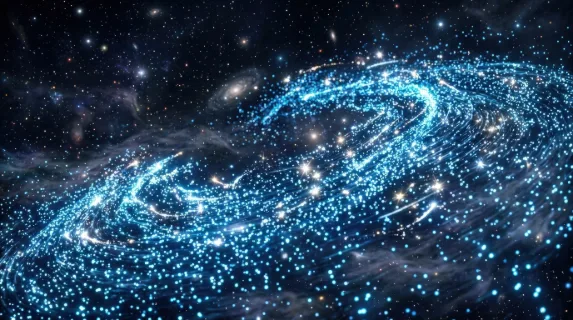 A field of blue glowing particles with sparkling energy lights and drifting cosmic dust, magical motion in deep space, ultra-realistic, no logos.