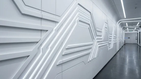 A futuristic white stripe pattern with subtle dimensional depth, crisp minimal design, clean sci-fi atmosphere, ultra-realistic, no logos.