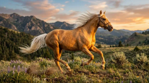 A majestic palomino horse in dynamic motion with flowing white mane and tail, golden coat glowing in light, powerful graceful atmosphere, ultra-realistic, no logos.