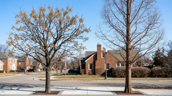 Winter chinaberry and dawn redwood street trees with bare structures and distinct silhouettes, frontal isolated set in clean sunlight, ultra-realistic, no logos.