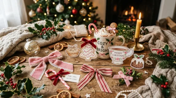A hand-drawn Christmas coquette collection of cute food, drinks, ribbons and bows, soft vintage styling, cozy festive mood, ultra-realistic, no logos.