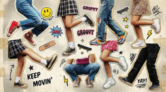 A halftone collage set of legs in jeans, skirts and sneakers, playful cutout poses, paper clipping edges, funny stickers and vintage dot texture, youthful street-style energy, ultra-realistic, no