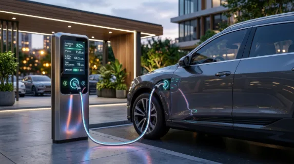 An electric vehicle charging scene with a glowing cable and digital display screen, polished charging station, sleek automotive surfaces, modern sustainable mood, ultra-realistic, no logos.