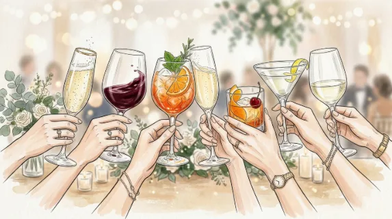 Hands holding wine glasses, champagne flutes, and cocktails in elegant drawn style, celebratory composition for wedding menus and party stationery, refined festive atmosphere, ultra-realistic, no
