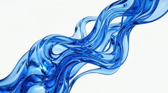 Abstract blue glass-like liquid forms isolated on white, flowing organic contours, luminous translucent texture, fresh futuristic mood with clean minimal space, ultra-realistic, no logos.