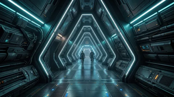 A triangular spaceship corridor with futuristic tunnel lighting, strong perspective, sleek sci-fi depth, ultra-realistic, no logos.