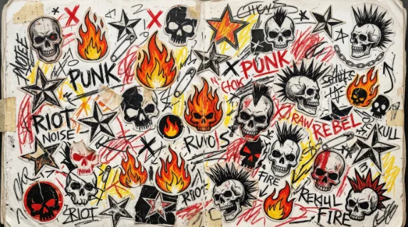 A punk rock sticker pattern with fire, star and skull icons, scrapbook cutout layering and rough crayon scribbles, bold youthful music mood, ultra-realistic, no logos.