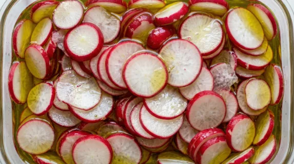 Fresh sliced radishes in oil forming a vibrant natural food texture background, red and white tones, glossy organic detail for healthy culinary styling, ultra-realistic, no logos.