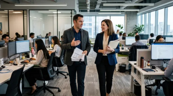 Male and female business experts talking while walking between office desks, modern workspace, documents in hand, dynamic corporate communication, ultra-realistic, no logos.