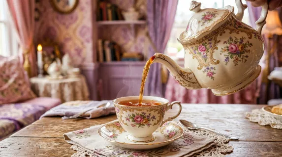 Vintage teapots pouring tea into a floral cup on a pink and purple background, flowing amber liquid, whimsical color palette and cozy cafe-inspired elegance, ultra-realistic, no logos.