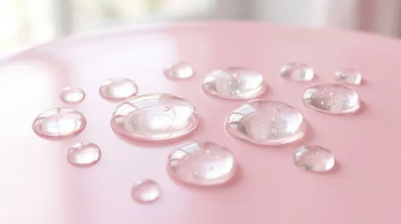 Transparent serum drops on a pink background, glossy gel texture with collagen, niacinamide and hyaluronic-inspired mood, fresh feminine skincare ambiance, ultra-realistic, no logos.