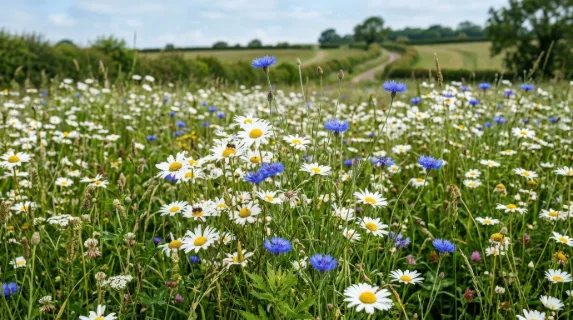 A wildflower pattern with daisies and blue cornflowers, natural meadow detail, matte textures and calm countryside freshness, ultra-realistic, no logos.