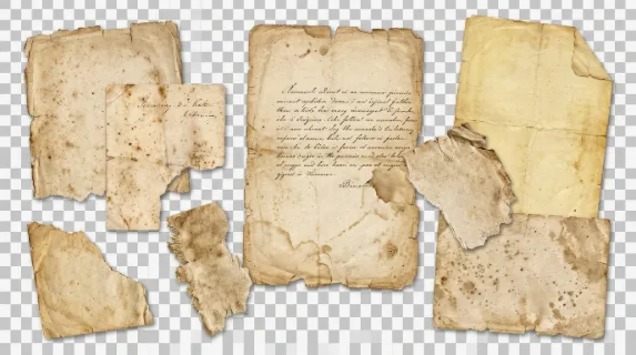 Vintage paper sheets isolated on transparency with ripped edges and warm aged texture, antique set for retro layered design, ultra-realistic, no logos.