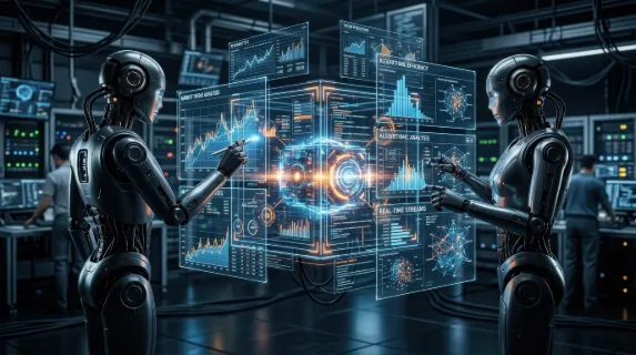A twin robot analyst reading charts around a glowing data cube system, transparent interfaces, clean technical detail, advanced analytical atmosphere, ultra-realistic, no logos.