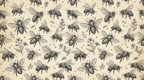 A monochrome seamless bee sketch pattern with delicate wing detail and hand-drawn texture, natural vintage mood, ultra-realistic, no logos.