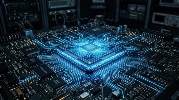An advanced artificial intelligence processor on a circuit board with glowing connections, intricate microchips, electric blue highlights, dark technical background, atmosphere of innovation and