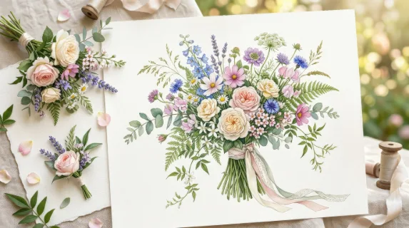 A watercolor midsummer floral bouquet collection with delicate leaves and wildflowers, fresh botanical softness and refined romantic composition, graceful wedding mood, ultra-realistic, no logos.