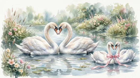 Two watercolor swans facing to form a heart and a matching pair tied with a pink ribbon, elegant soft-feathered romance with tender wedding atmosphere, ultra-realistic, no logos.