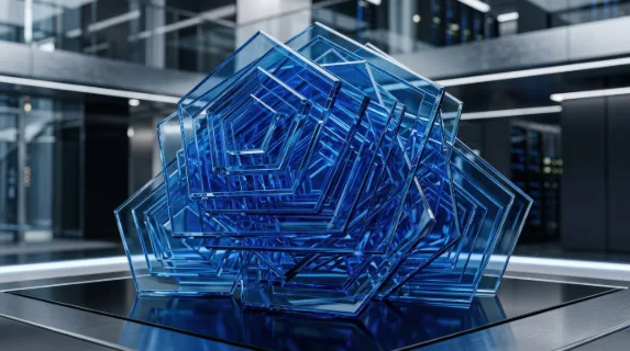 Layered blue pentagon glass plates arranged into an abstract geometric composition, sharp crystalline depth and a polished professional tech atmosphere, ultra-realistic, no logos.