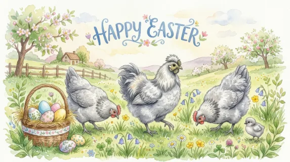 A whimsical watercolor set of cute grey chickens, fluffy feathers and gentle spring details with soft grassy accents, cheerful Easter greeting atmosphere, ultra-realistic, no logos.