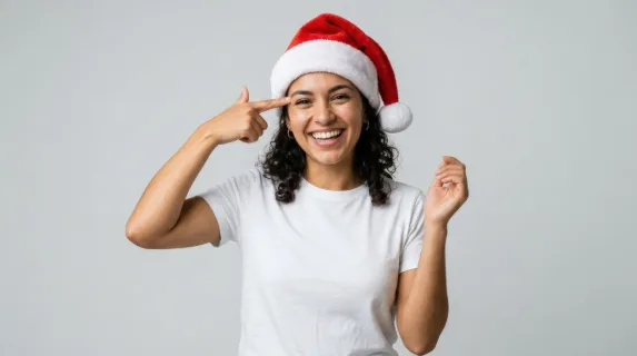 A smiling Latina woman in a Santa hat and white t-shirt pointing at her head, playful Christmas sale or surprise concept, studio portrait on a clean background, ultra-realistic, no logos.