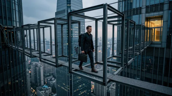 A man standing on a bridge of floating rectangular frames connecting tall structures, open void below, crisp geometry, feeling of professional risk and strategic transition, ultra-realistic, no logos.