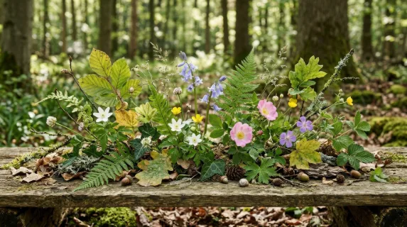 A horizontal arrangement of forest leaves and flowers with airy botanical detail, woodland freshness and calm natural rhythm, ultra-realistic, no logos.