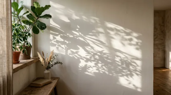 Natural leaf shadows drifting across a wall, soft summer sunlight creating an elegant interior backdrop with organic depth, ultra-realistic, no logos.