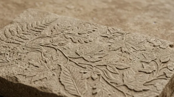 Stone texture with a subtle leaf pattern, natural botanical relief and organic mineral softness, calm earthy background, ultra-realistic, no logos.