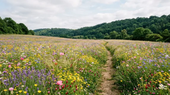 A summer flower field stretching toward forested hills, colorful blossoms under soft daylight, peaceful natural beauty, ultra-realistic, no logos.