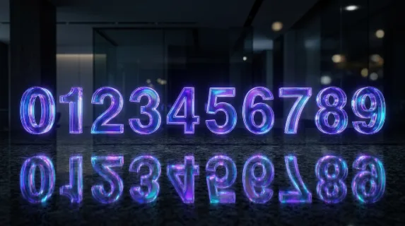 A holographic number set from 0 to 9 in iridescent purple-blue glass with realistic reflections and shadows, ultra-realistic, no logos.