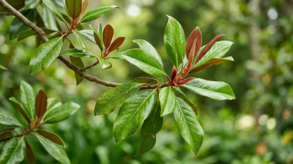 A graceful branch of vibrant green magnolia leaves with reddish new growth, fresh botanical detail, soft natural light, ultra-realistic, no logos.